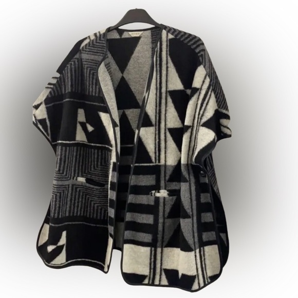 M&S INDIGO SPRING BNWOTBlack Grey Cream Cape Wrap Poncho Open-Sleeve Coat Jacket - Picture 7 of 11